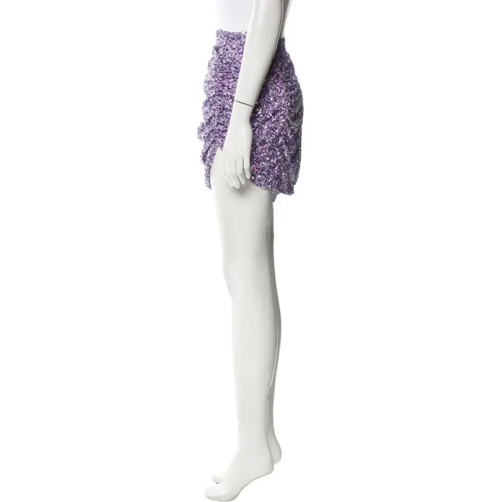 Retrofete Celestia Purple Sequin Embellished Ruched Mini Skirt Size Medium